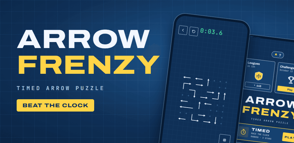 Arrow Frenzy, timed arrow puzzle: two phones showing a Timed level and the home screen